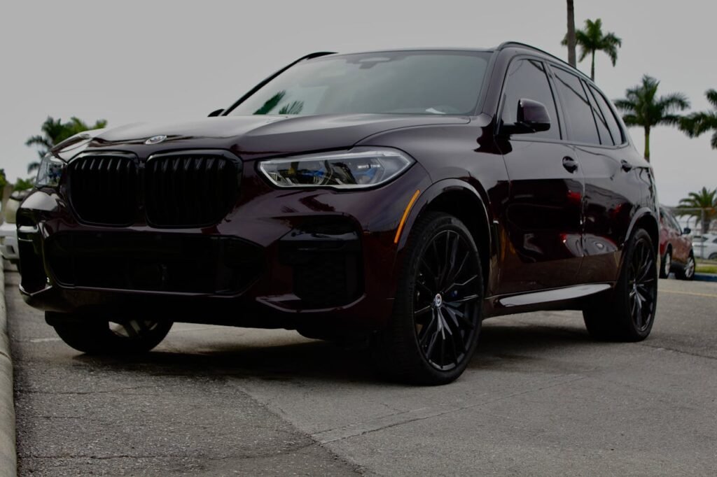 Колко струва внос на автомобил от сащ Luxury dark burgundy SUV parked in an urban setting with palm trees lining the street.